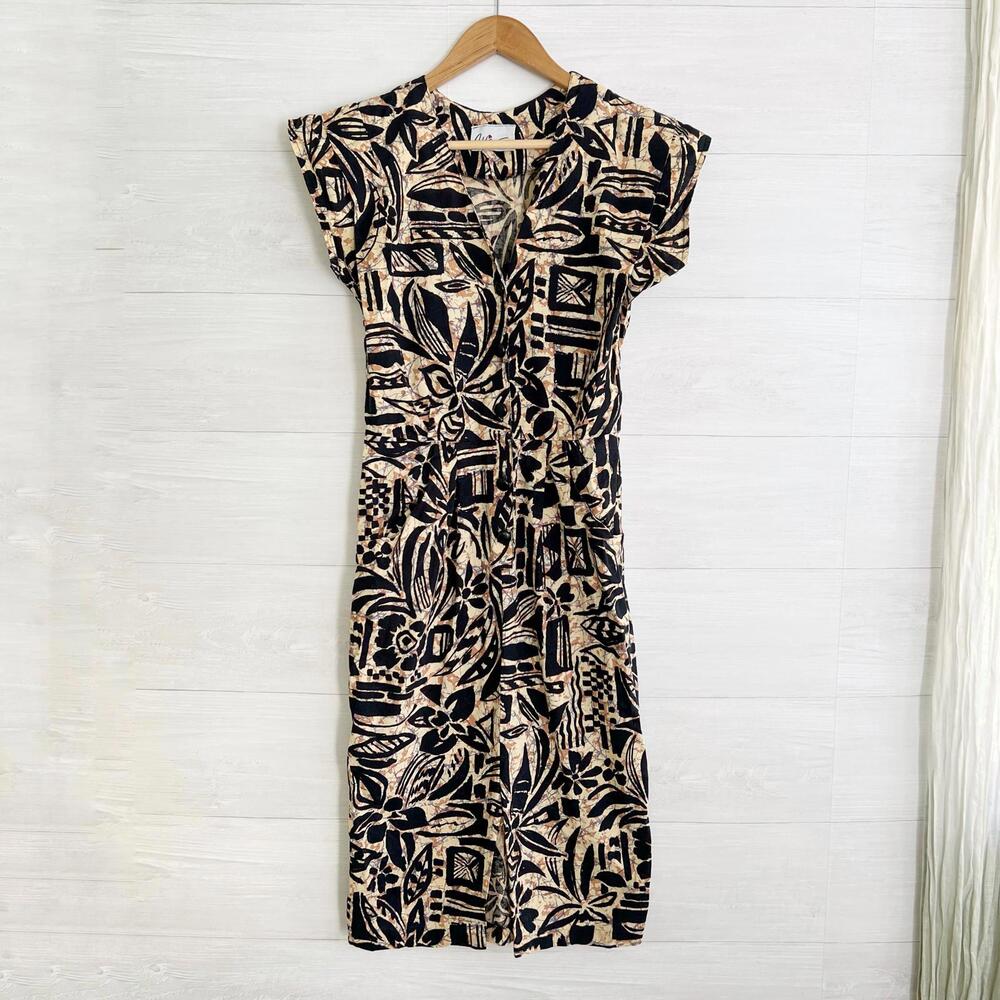 Vintage Addie for SL Fashions Black yellow abstract shirt dress shoulder pads S